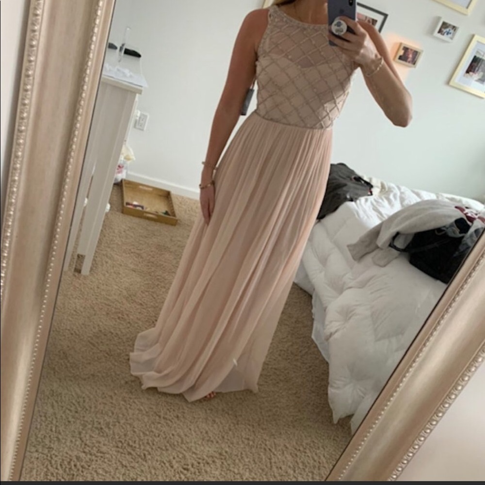 Adrianna Papell blush beaded bridesmaid dress